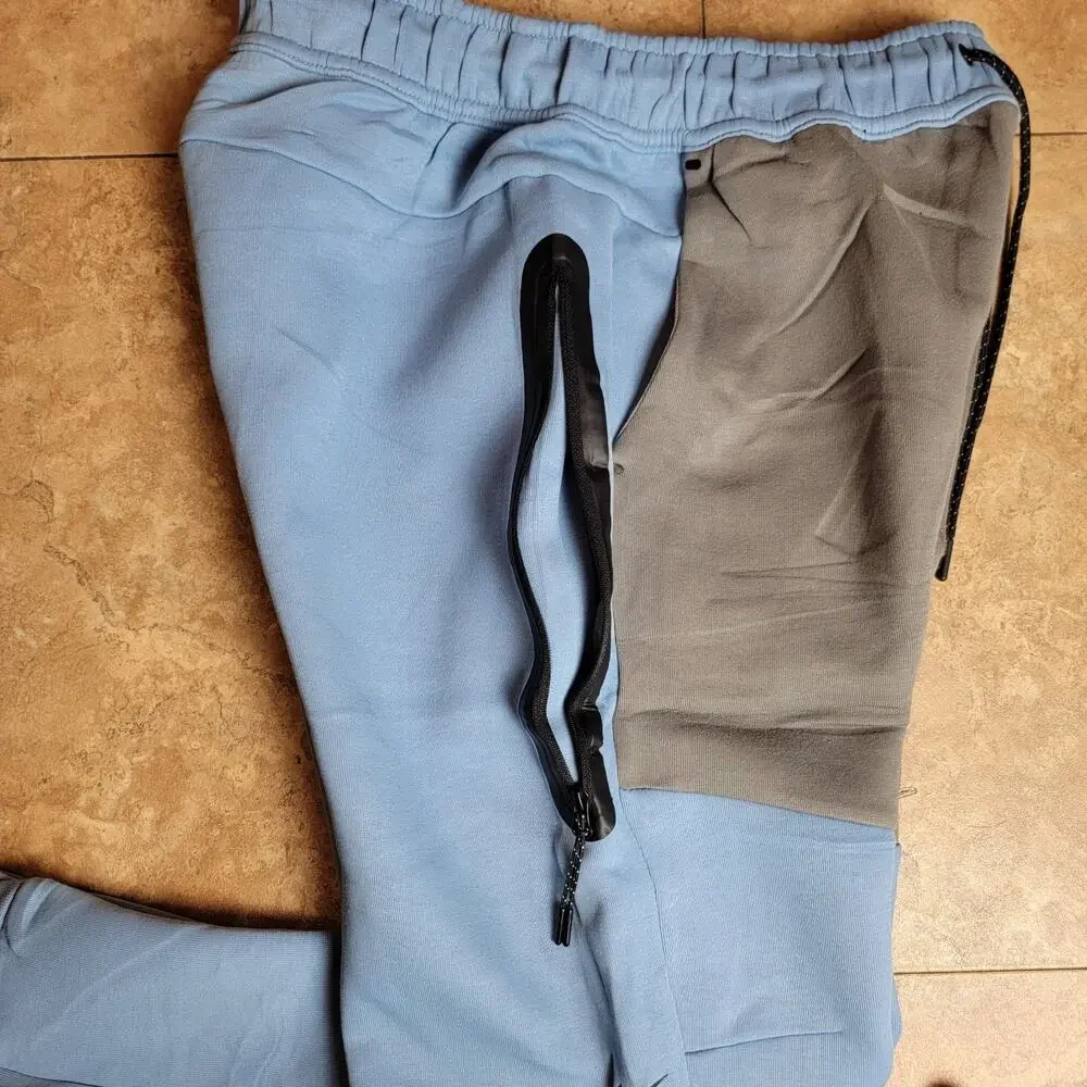 Men Sz L Hoodie Sweatsuit Blue Gray Slim Fit Logo Colorblock Streetwear Outfit